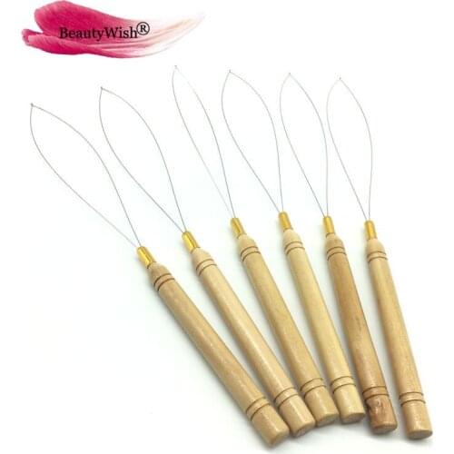 12Units Pulling Needle Loop Threader Micro Beads Wooden Handle Hair Extension Quality Micro Ring Threader with Wooden handle