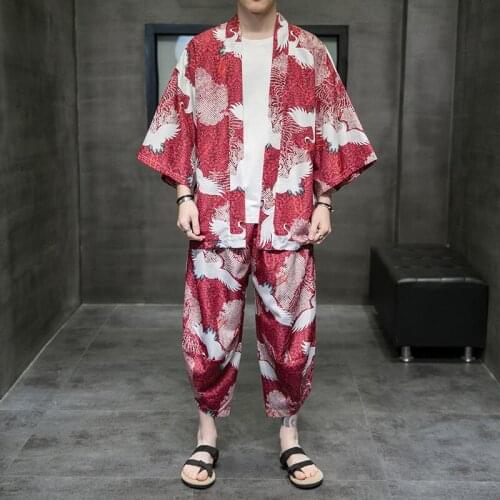 MrGB Summer Oversize Chinese Style Men Sets Crane Graphic Kimono Loose Wide Leg Pants Vintage Shirt Casual Brand Mens Clothing