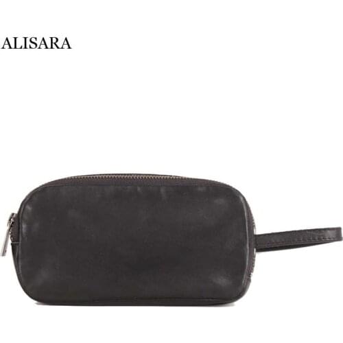Alisara Mini Hand Bag First Layer Cow Leather High Quality Women Cell Phone Pack Storage Zipper Key Pouch Clutch Bag Unisex