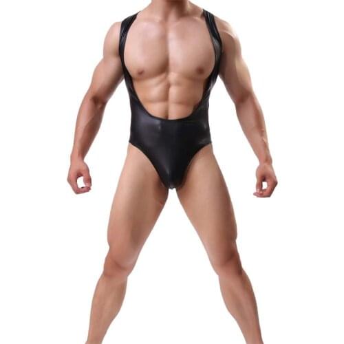 Mens Bodysuit Imitation Leather Sexy Lingerie Mens Body Shaper Bodybuilding Jumpsuit Mens Wrestling Singlet Body Suits