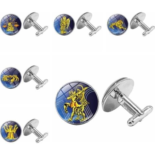 2019 New Mens Cufflinks Gold 12 Constellation Saints Glass Convex Silver Cufflinks for Mens Gift Buttons