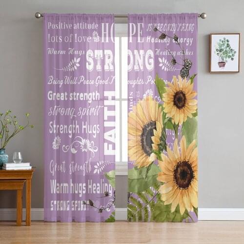 Positive Energy Sunflower Purple Tulle Sheer Window Curtains for Living Room Kitchen Children Bedroom Voile Hanging Curtain