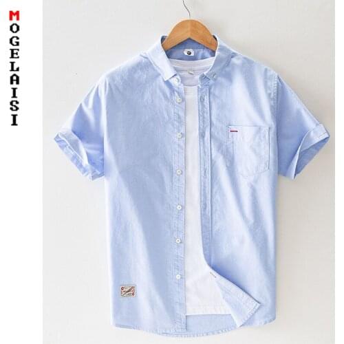 New blue shirt men summer short sleeve 100% cotton solid man shirt tops plus size 4XL high quality man clothing L870
