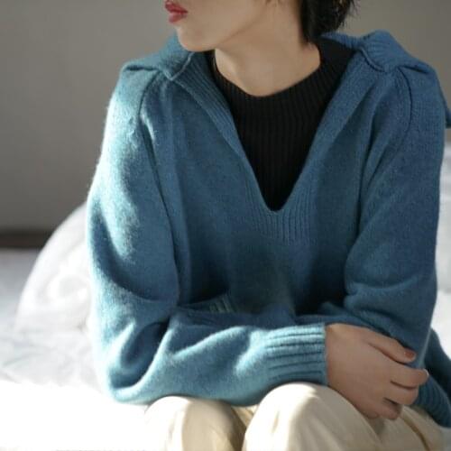 Sweater women Fall Winter French Retro Lazy V-neck Large Lapel Loose 100% Wool Knit Pullover Top Cashmere Sweater Outer Wear