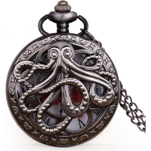 Vintage Steampunk Hollow Octopus Quartz Pocket Watch with chain Black/Bronze Necklace Pendant Fob Watch for Kids Men Women Gift