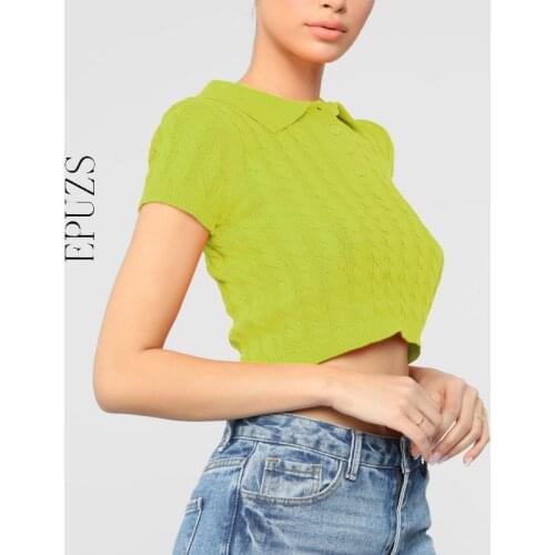 Sexy Textured Cropped Top Sexy button Short Sleeve T Shirts Women Korean ladies tshirt Streetwear 2020