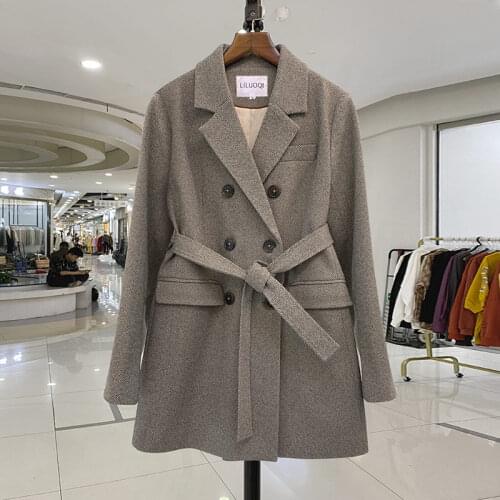 OL Fashion Double Breasted Woolen Blazer Coat Ladies Autumn And Winter Korean Casual Womens Suit Jacket Bandage Outerwear y812