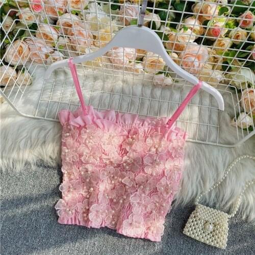 2020 Summer Three Dimensional Beaded Floral Spahetti Strap Top Women Sweet Short Top