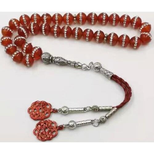 Womens Tasbih Natural red agates with crystal diamonds 33 Prayer bead misbaha luxurious Accessories jewelry bracelet masbaha