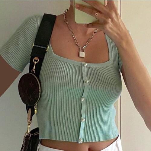 Women Casual Rib Knit Crop Top Summer Solid Color Short Sleeve T-shirt Vintage Square Collar Button Slim Basic Tee Tops