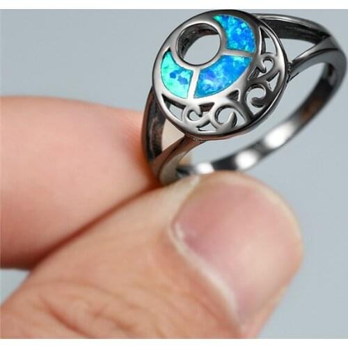 Female Cute Moon Blue Opal Ring Vintage Hollow Black Gold Ring Simple Fashion Wedding Engagement Rings For Women Antique Jewelry