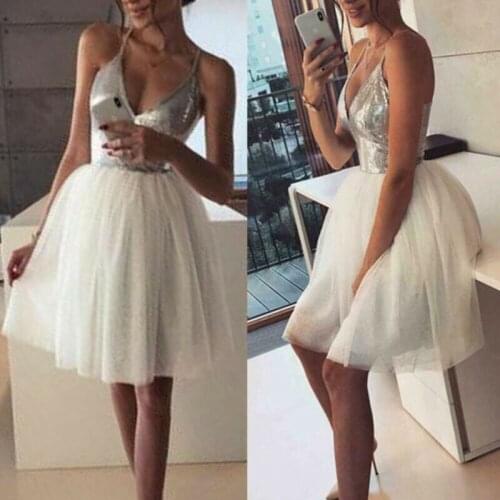Women Fahsion Sleeveless Strappy Sequin Sexy Deep V neck Dress White Tulle Pleated Dress Party Formal Ball Gown Dresses