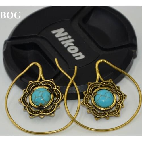 Gold Brass Mandala Flower With Stone Earrings Hoop Indian Fashion Ear Hanger Weight Percing Body Jewelry 14g