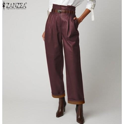 2021 Fashion PU Leather Trousers ZANZEA Elegant OL Work Long Pantalons Women Solid High Waist Wide Leg Pants Female Streetwear