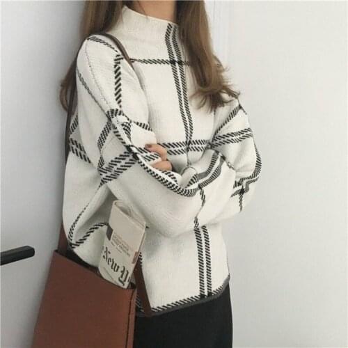 2020 Winter New Womens Pullovers Sweater Fashion Plaid Turtleneck Women Loose Knit Full Sleeve Korean Casual Tops Sweaters