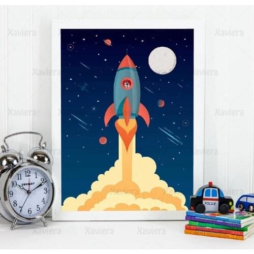 Kids Room Cartoon Space Rocket Canvas Painting Spaceship Art Picture Poster On The Wall Home Decoration Childrens Room Nursery