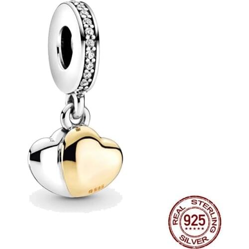 Two-Tone Double Heart Dangle Charm Fit Original Pandora Charms Silver Color Bracelet For Women Fashion Jewelry DIY Berloque