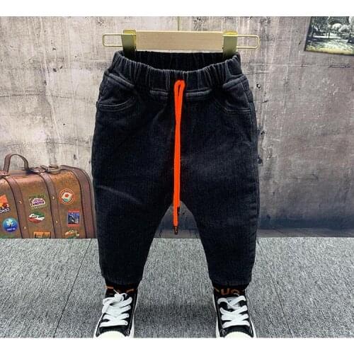 New Boys Jeans Winter Children Embroidery Warm Thermal Cotton-padded Trousers Kids Thicken Plus Velvet Denim Pants 2-6YEARS