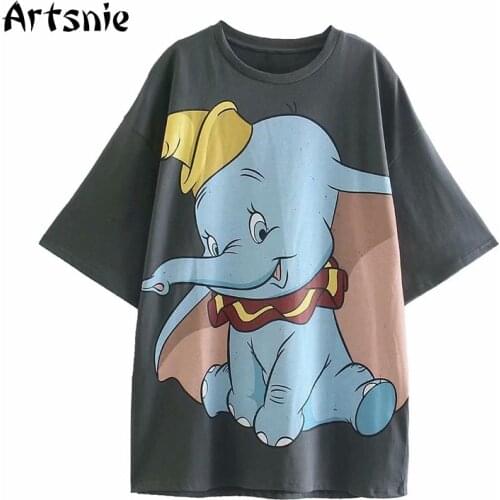 Artsnie Dumbo Cartoon Summer T Shirt Women O Neck Short Sleeve Oversized Tops Streetwear Disney Dark Gray Knitted T-shirts Tee
