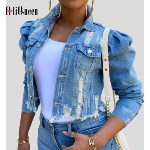 Tassel Frayed Women Puff Sleeve Bomber Denim Jackets Female Vintage Plus Size Jean Jacket Cropped Streetwear Coat Outwear 5XL
