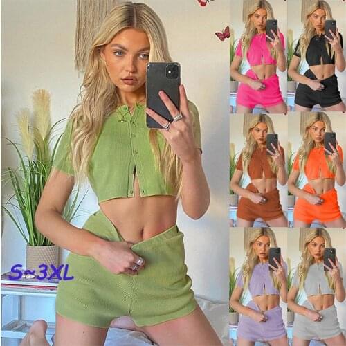 Summer Casual Knit Tracksuit Women Shorts Set Skinny Short Sleeve Tops And Mini Shorts Suit Two Piece Set Lounge Wear