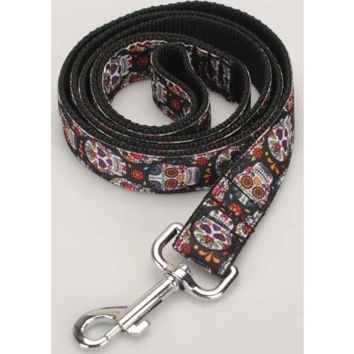 Hot sales 1"25mm skull head pattern grosgrain ribbon printed,nylon led dog leash 120cm