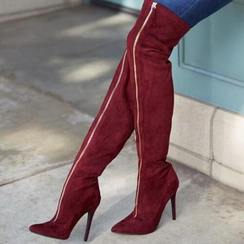Fashion Purplish Red Suede Front Zipper Thigh Boots Women Pointed Toe Thin High Heel Over The Knee Boots Boutique Long Boots