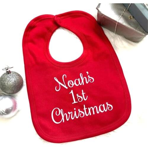 Personalised 1st Christmas Red Baby Bib, Soft Cotton Newborn Baby Shower Gifts Bibs Custom Name Infant Christmas Decoration Gift