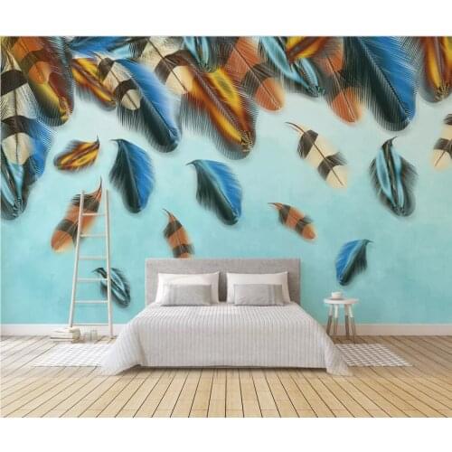 3D Colorful Feather Wallpaper with Blue Background Art Wall Mural Painting Contact Paper Roll 3d Photo Wallpaper Customize