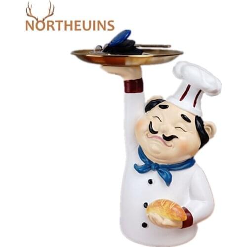 NORTHEUINS 22cm Resin Mustache Chef Storage Tray Figurines For Interior Nordic Creative Figure Statues Home Desktop Decoration