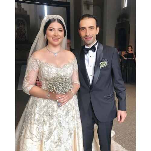 A Line Wedding Dresses Luxurious Off Shoulder Bridal Dresses Applique Sequins Beading Plus Size With Detachable Train Abiti Da