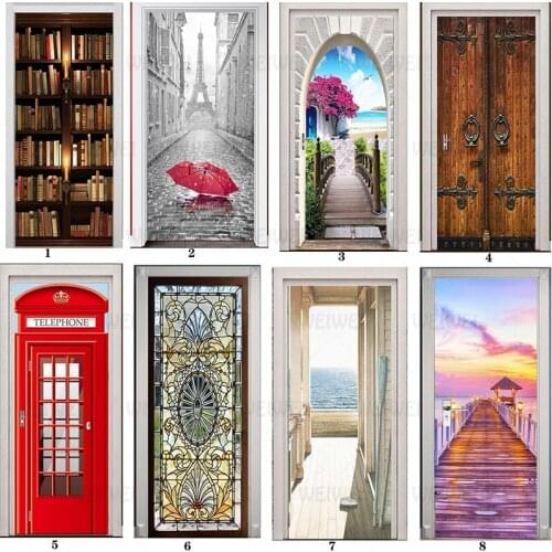 PVC Mural Paper Print Art 3D Bookshelf Tower Sea Door Stickers Home Decor Picture Self Adhesive Waterproof Wallpaper For Bedroom