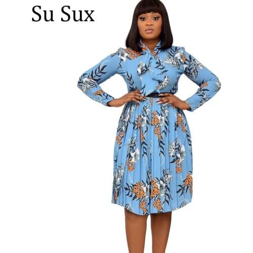 Flower Pleated Dress African Clothes Robe Bow Collar Dress Africa Clothing Long Sleeve Knee Length Vestidos Party New Spring