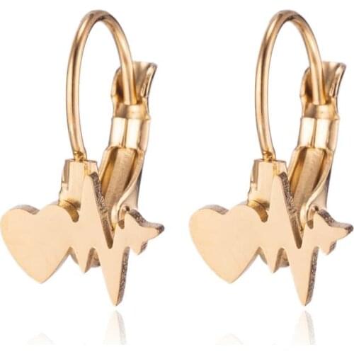 Korean Gold Silver Plated Stainless Steel Heartbeat Earrings For Women Lover Tiny Stud Hook Earings Metal Jewelry Birthday Gift