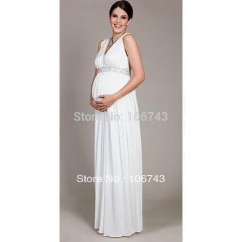 New design hot sale maternity chiffon pregnant woman custom size/color v-neck white bling evening mother of the bride dress