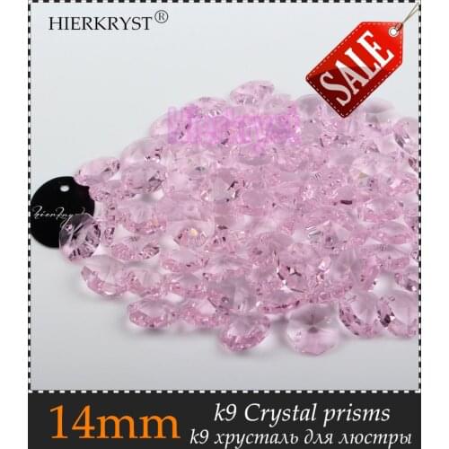 HIERKRYST 50 pcs 14 mm Octagon Beads Crystal Glass Chandelier Parts Rainbows Maker Prisms Pendants Connectors Pink #02A