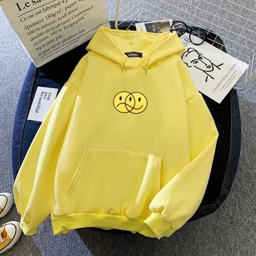 Yellow Hoodie Women Sad and Happy Smiley Kawaii Hoodie Oversized Pullover Sweatshirt Vintage Sweatshirt Teen Korean Tops Female