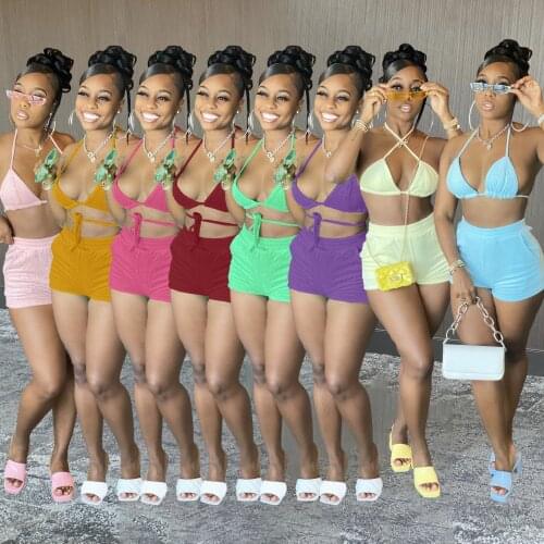 Women Bikinis Set Solid Halter Bandage Wire Free Elastic Mid Waist Shorts 2 Piece Set Summer Fashion Beachwear Swimsuits