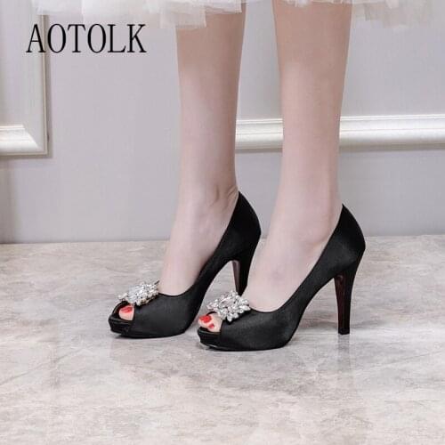 Women Summer Shoes Rhinestone Wedding Pumps Open Toe Sexy High Heels Silk Light Shoes Crystal Thin Heels Summer New Arrival DE
