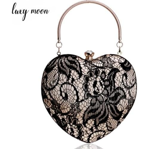 New Vintage Black Lace Flower Clutch For Women Classic Heart Shape Evening Bag Elegant Lady Handbag Banquet Wedding Bridal Purse