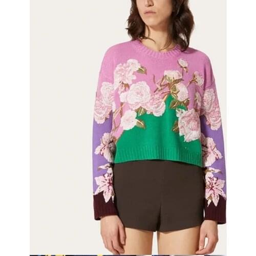 Womens High Street Runway Design Knitted Sweater Mohair Floral Embroidery Loose Casual Retro Pullover Sweater Korean Version