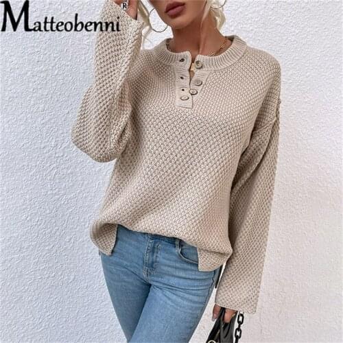 Women Cross Knitted Sweater Fashion Autumn Long Sleeve Loose Coat Casual Loose Thick O Neck Button Solid Color Female Tops 2021