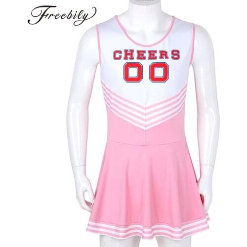 Men Sissy Charming Cheerleader Female Cosplay Sexy Costume Dress Scoop Neck Pleated Night Festival Fancy Short Dress