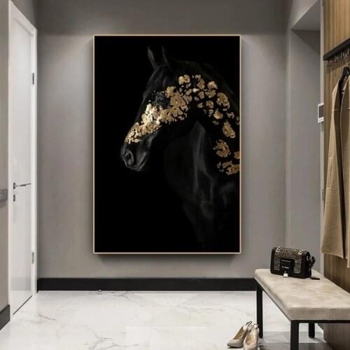 Animal Canvas Wall Art Painting Picture Black and Gold Horse Printings and Posters Light luxury Vintage Room Decor Modern Poster