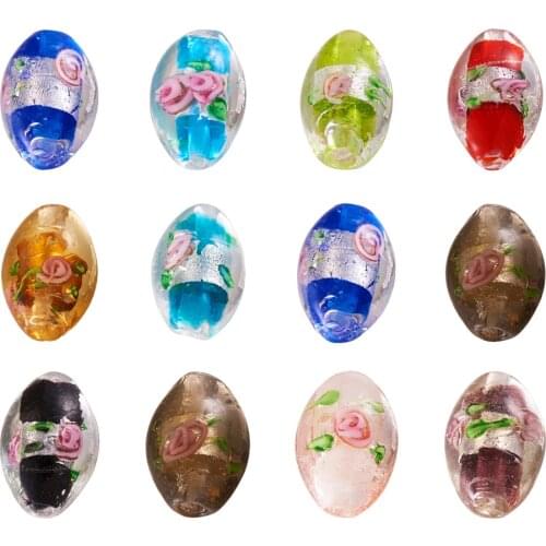 100pcs/set Mix Color Handmade Oval Foil Glass Lampwork Beads DIY Jewelry making Accessories ,With Flower Pattern, Hole: 1.5~2mm