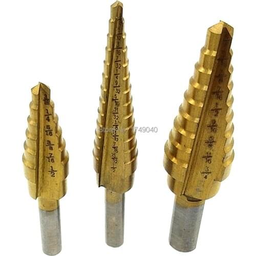 3pc Step Drill Bit Set 3/16-1/2" 1/8-1/2'' 1/4-3/4'' Titanium HSS Cone Drill Cutting Tools for Wood Metal Drilling Hole Cutter