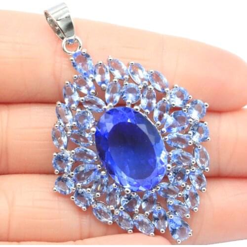 55x36mm Delicate Fine Cut Dazzling Big Created Pink Kunzite Violet Tanzanite Ladies Bride Wedding Silver Pendant Eye Catching