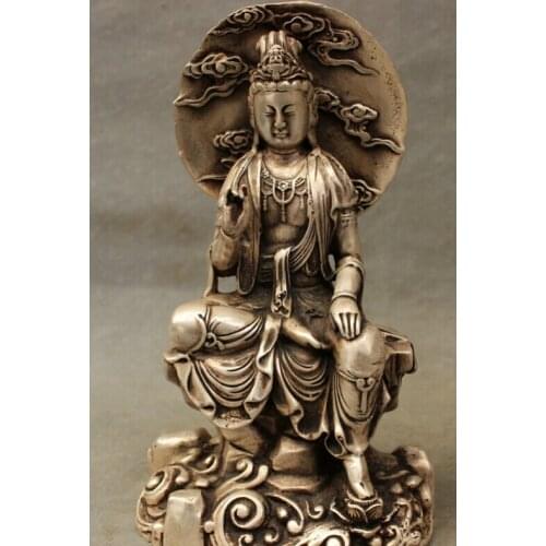 Fast shipping USPS to USA S1262 8" Chinese Silver Buddhism Pray Kwan-Yin Guan Yin Statue Brass Moon Goddess Set