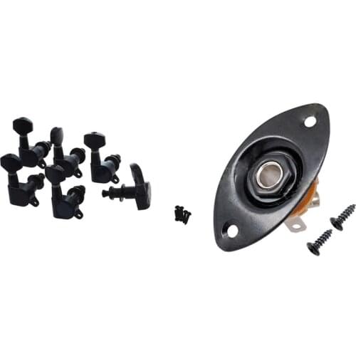 Hot AD-6Pcs Sealed Guitar String Tuning Pegs Tuners Machine Heads & 1 Pcs Oval Indented Guitar Jack Plate Socket Black