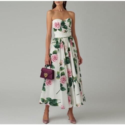 Summer Sexy Strapless Floral Printed Midi Dresses For Women 2020 Runway Designer Elegant Party Dress Female